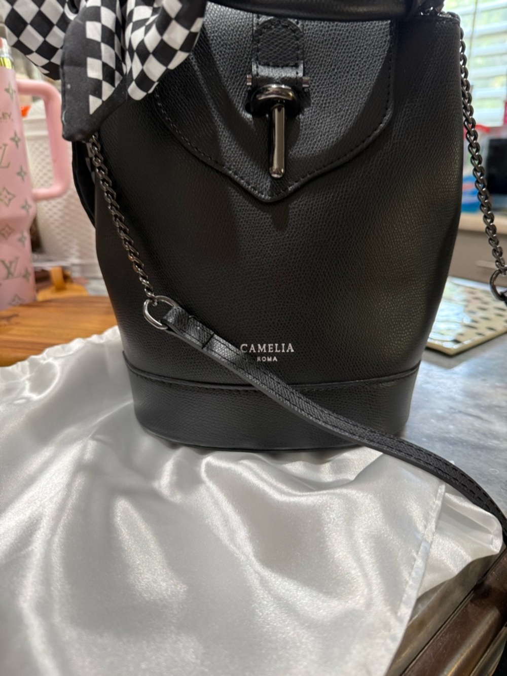 Small Black Leather Crossbody/Hand/ BackPack Camilla Rose /Vera Pelle. 10” tall. - Picture 8 of 11
